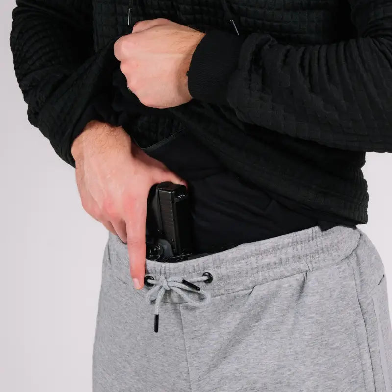 Concealed handgun in waistband with hand pocket in Standoff Concealment Hoodie Mk.II