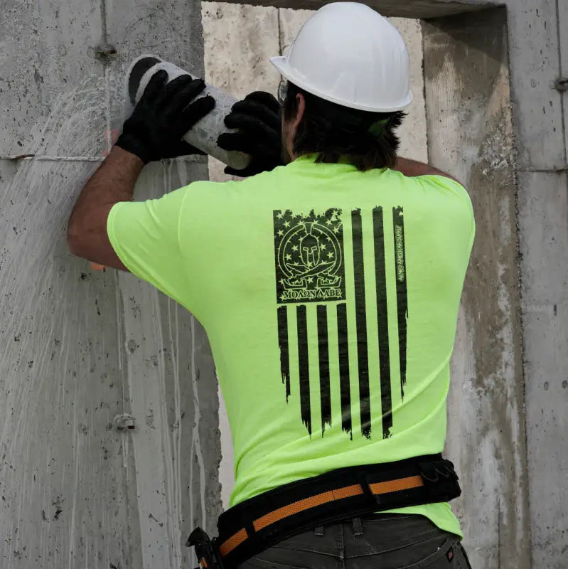 Construction worker grinding concrete in Molon Labe Ghost Flag Safety Yellow T-Shirt