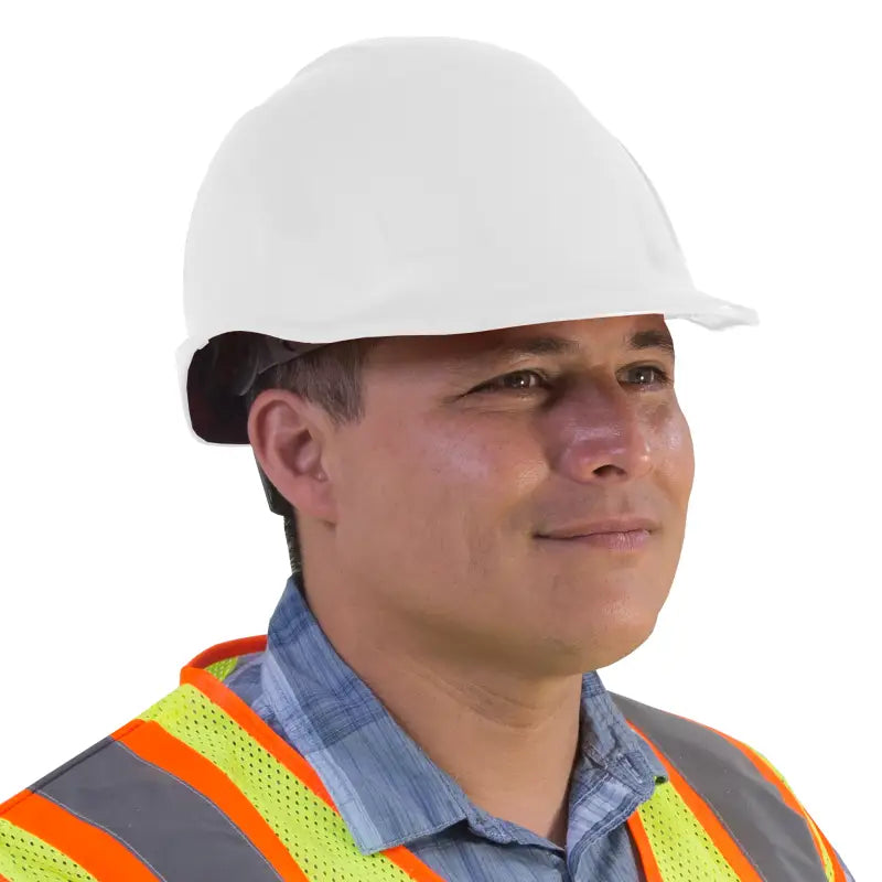 Construction worker wearing Cap Style Safety Hard Hat with 4 Point Suspension and brow liner