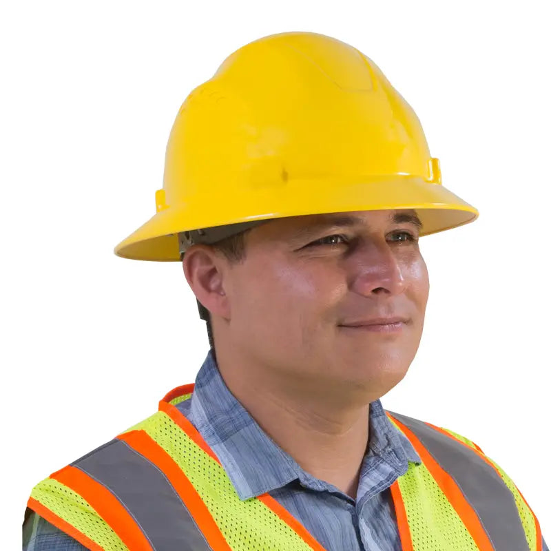 Construction worker wearing Full Brim Safety Hard Hat with 4 Point Suspension ANSI Z89 compliant