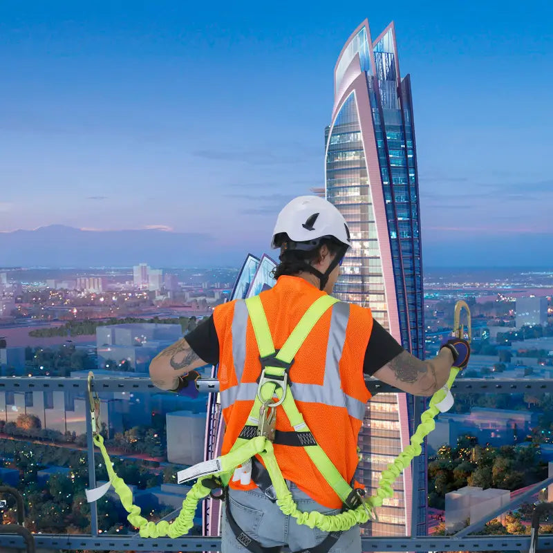 Construction worker using a Twin Leg Internal Shock-Absorbing Lanyard with Scaffolding Hook