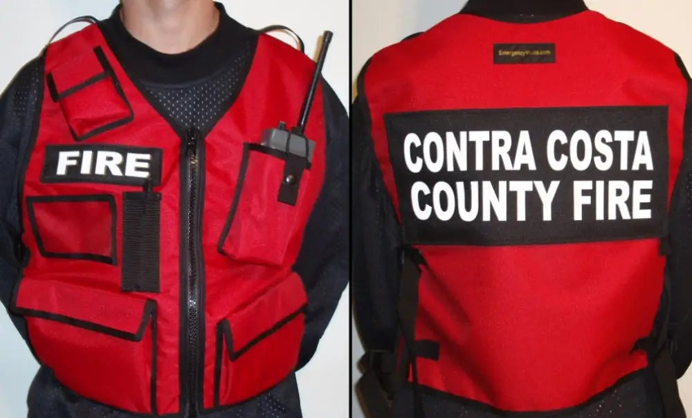 Red Contra Costa Fire Vest with department ID and lower pockets for storage options