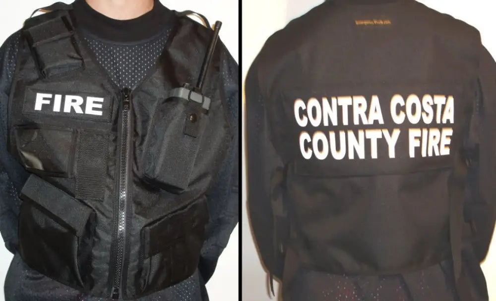 Contra Costa County Fire tactical vest with optional upgrades and lower pockets displayed