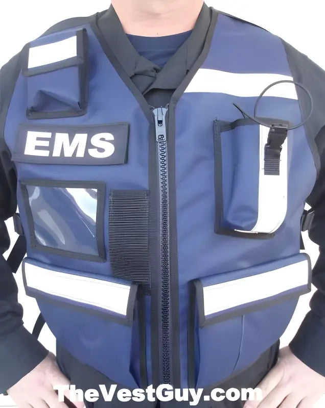 Navy blue Contra Costa Fire Vest with reflective stripes and lower pockets for EMS use