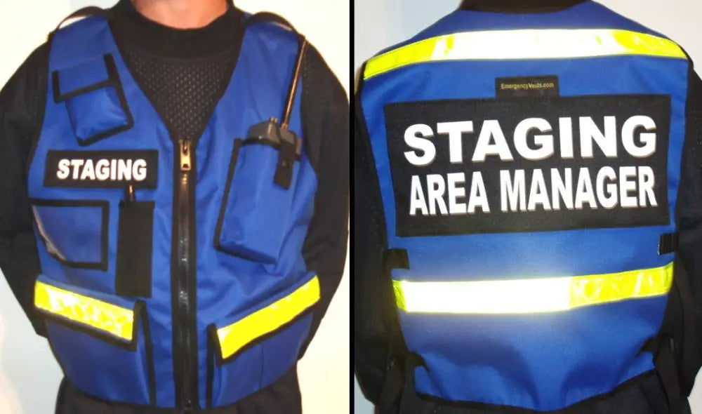 Blue Contra Costa Fire Vest with reflective stripes and Staging Area Manager text