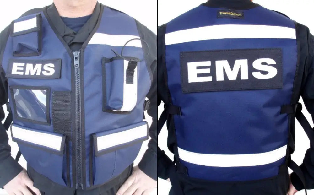 EMS vest in navy blue with reflective stripes and lower pockets, Contra Costa Fire Vest