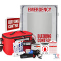 Outdoor Bleeding Control Kit Package with medical supplies and instructional signage