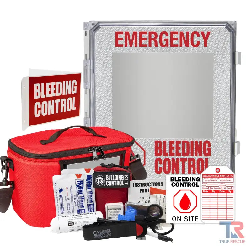 Outdoor Bleeding Control Kit Package with medical supplies and instructional signage