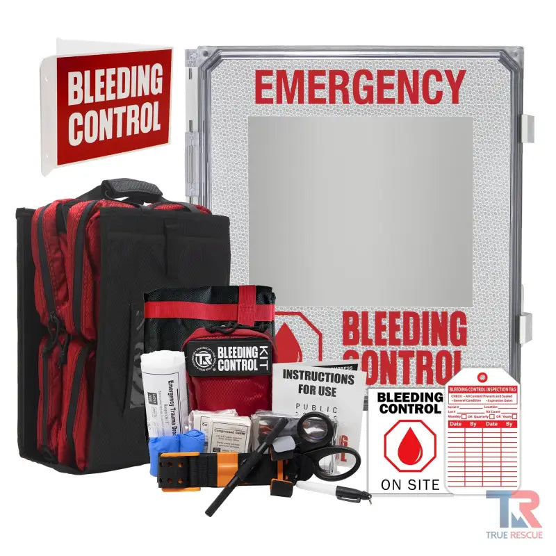 Outdoor Bleeding Control Kit Package with emergency supplies and wall-mounted cabinet