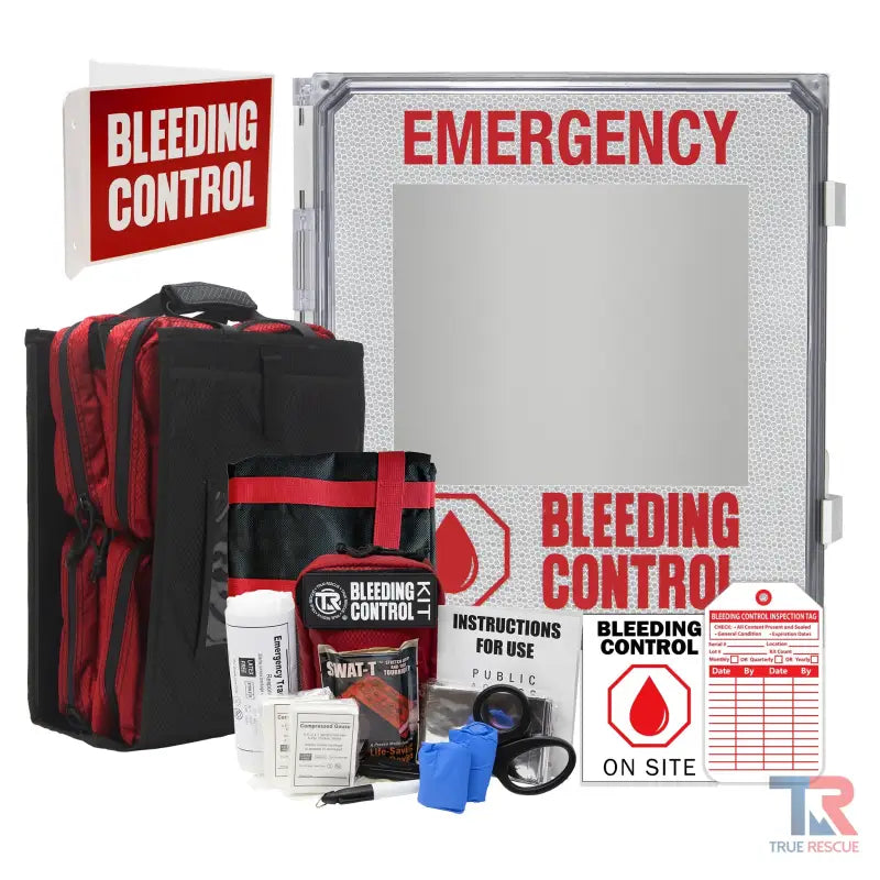 Outdoor Bleeding Control Kit Package with wall-mounted storage and medical supplies