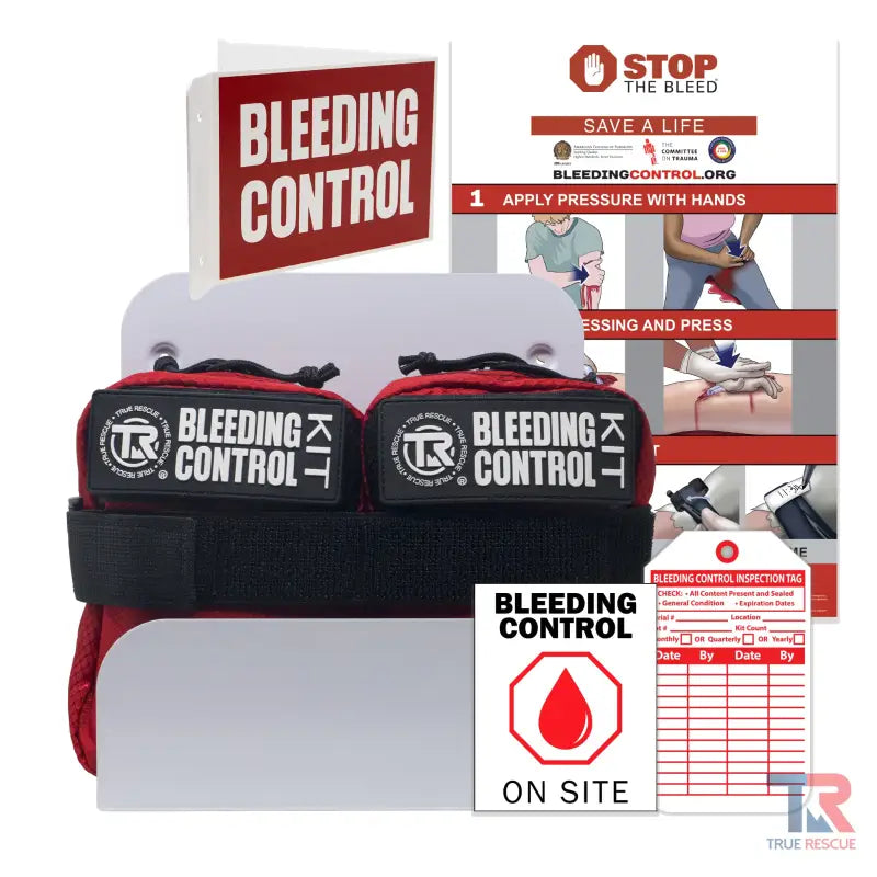 Bleeding Control Kit with instructional signage and hemostatic dressing on wall mount