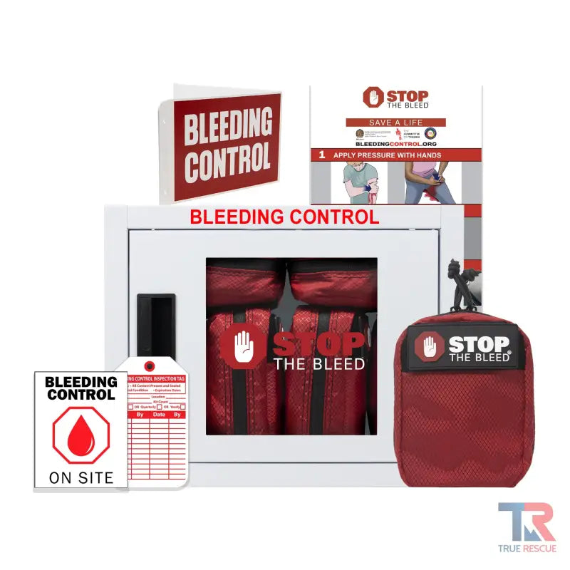 Bleeding control kit in red case featuring Sam XT Tourniquet and C-A-T Tourniquet supplies