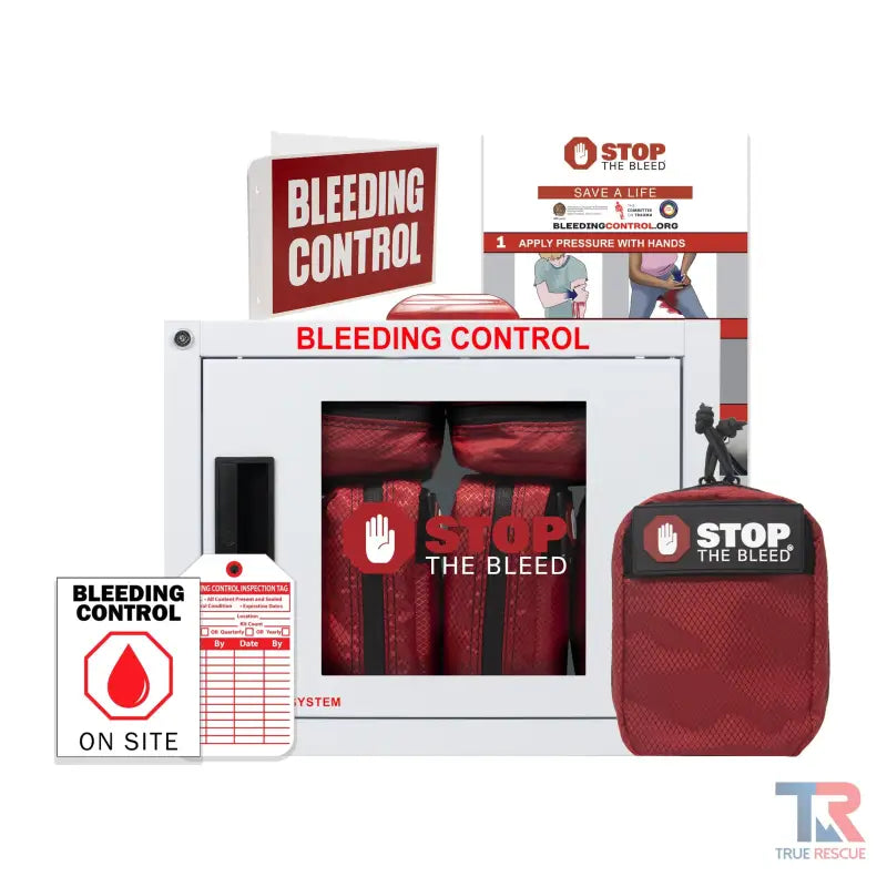 Bleeding control station with first aid supplies and SAM XT tourniquet for emergencies