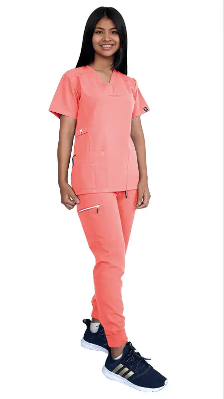 Coral Stretch Slim Fit Zipper Jogger Uniform with Navy Athletic Shoes for Women