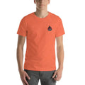 Coral Short-Sleeve Unisex T-Shirt with black logo, perfect with Heather Midnight Navy