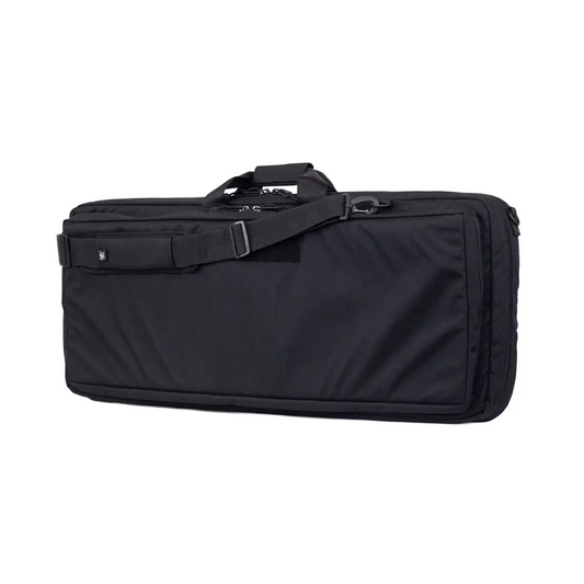 Black padded discreet rifle case for covert operations with shoulder strap and compartments