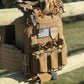 Coyote brown tactical vest with patches including American flag and Redemption Tactical medical kit body armor
