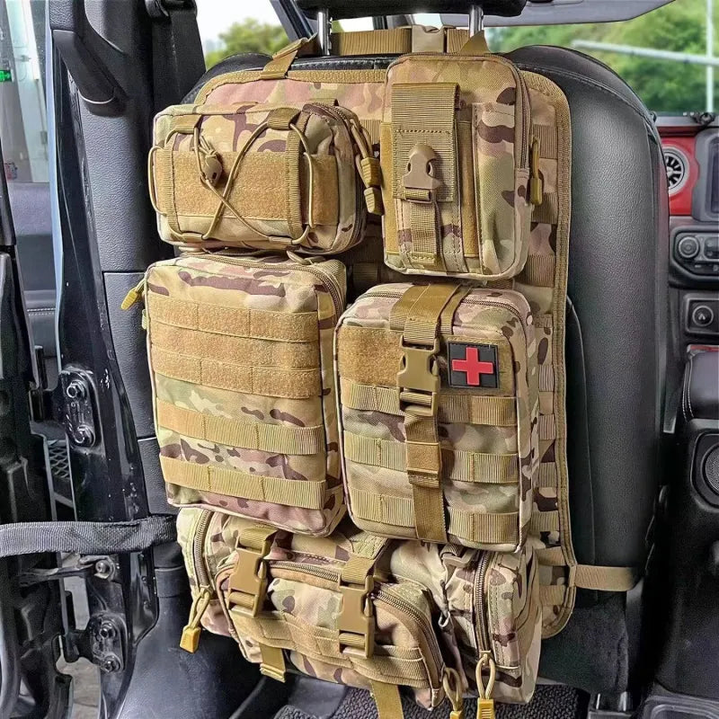 Tactical MOLLE Seat Organizer in a vehicle, demonstrating its universal fit for all makes and models like Ford, Chevy, and Toyota.