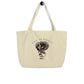 Cream-colored large organic tote bag with dark cloud design and Rain or Reason text