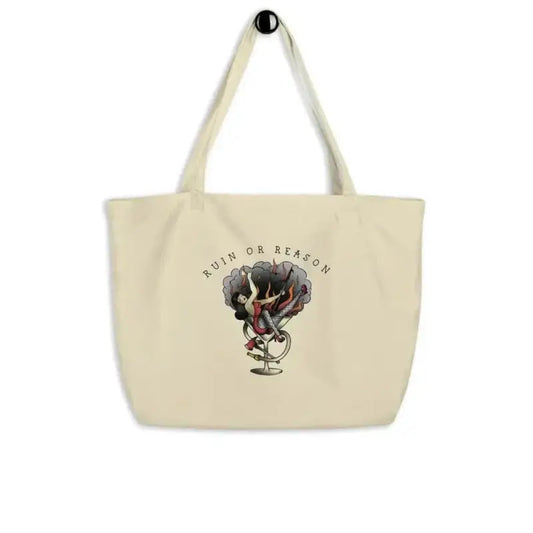 Cream-colored large organic tote bag with dark cloud design and Rain or Reason text