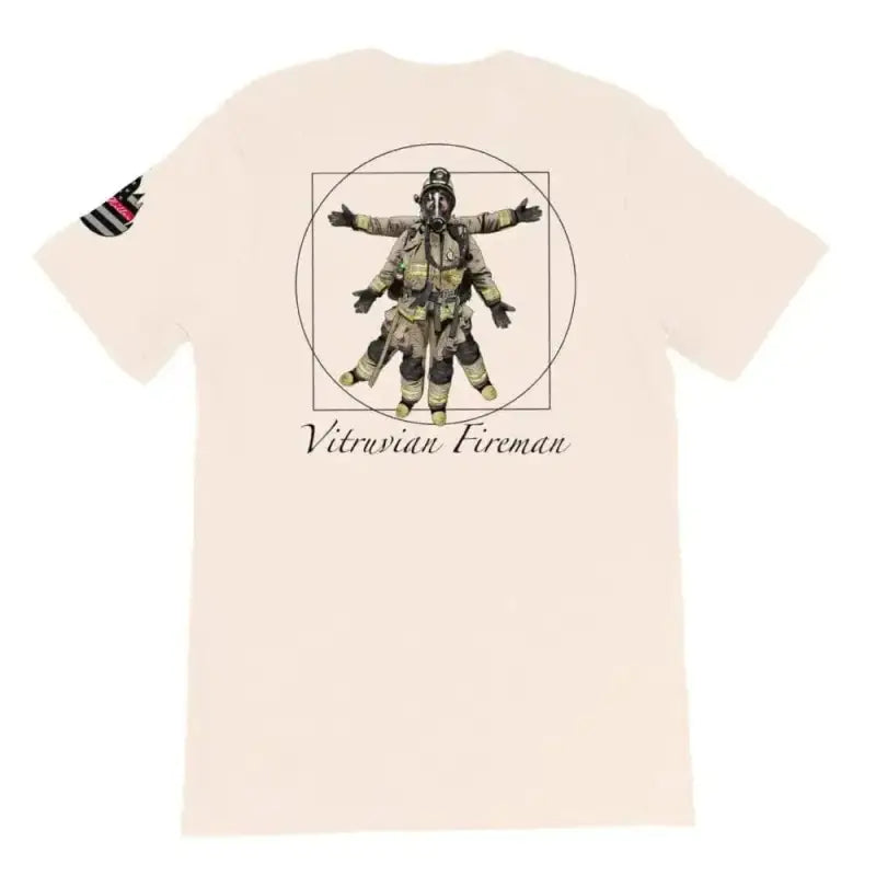 Cream-colored t-shirt with Vitruvian Fireman design, unisex short-sleeve style