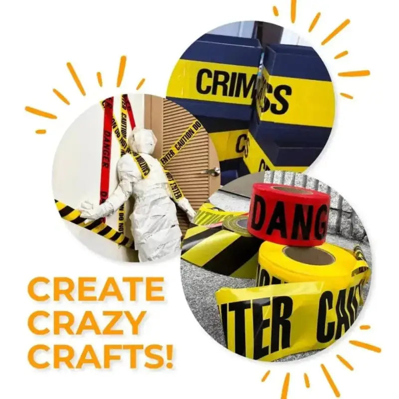 Craft collage of crime scene with Barricade Flagging Tape for hazardous areas