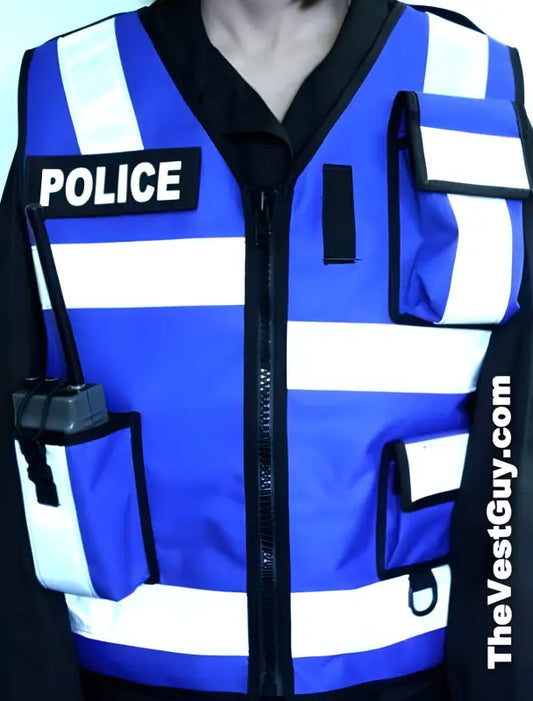 Blue and white CSEPP Reflective Vest with multiple pockets and radio pocket for safety