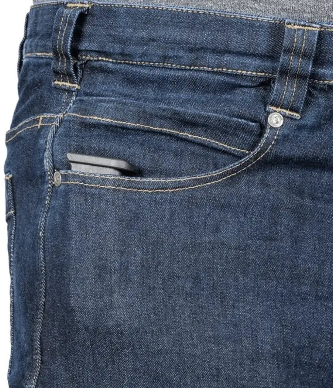 Dark blue denim pocket with contrast stitching on Asset Tactical Jeans for durable style