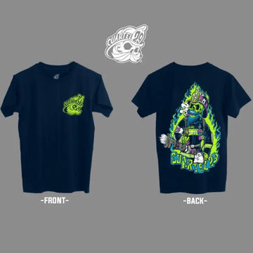 Dark blue t-shirt with graphic designs featuring the Blue Beard Tee style