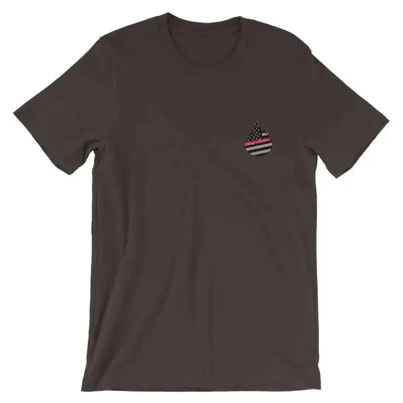 Dark brown t-shirt with American flag emblem, You Light’em We Fight’em logo on back