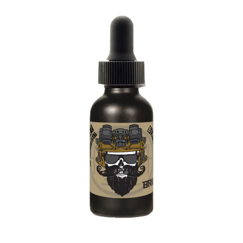 Dark dropper bottle of Breach Beard Oil featuring bearded skull logo and sunglasses