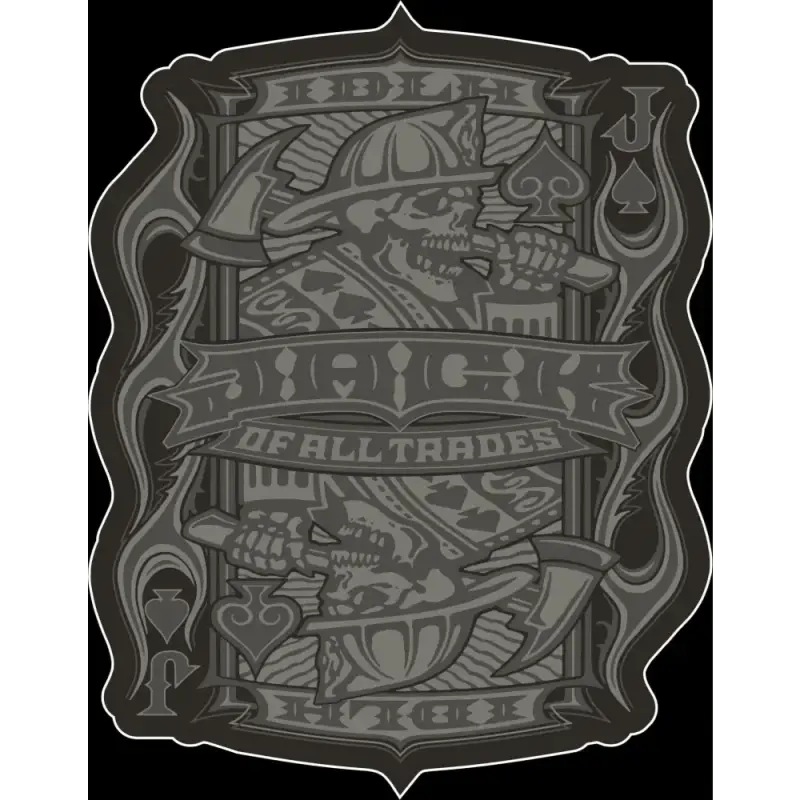 Dark gray vintage skull emblem on Jack of All Trades 3’’ x 3’’ sticker for first responders