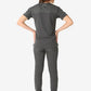 Dark gray women’s tuckable one-pocket scrub uniform with short sleeves and fitted pants