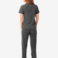 Dark gray women’s stash-pocket scrub uniform with short sleeves and straight-leg pants