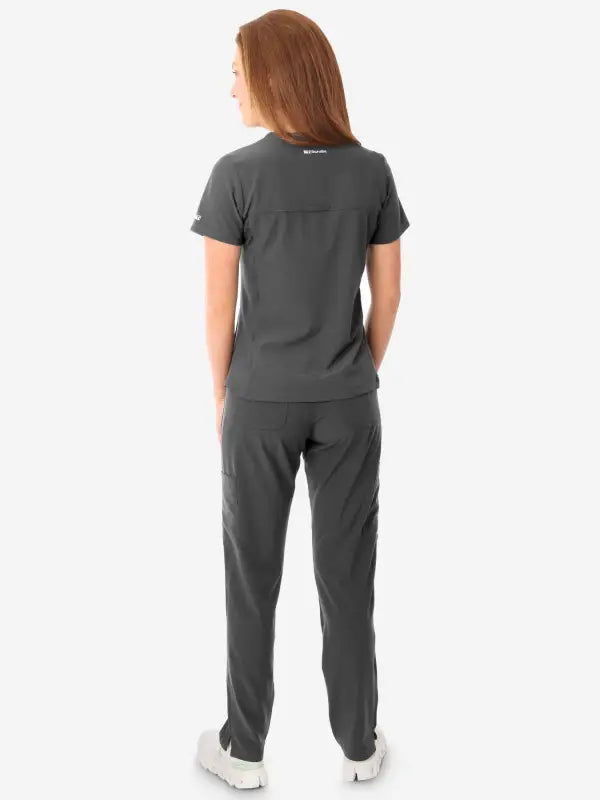 Dark gray women’s stash-pocket scrub uniform with short sleeves and straight-leg pants