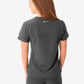 Dark gray women’s stash-pocket scrub top displayed from the back view