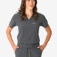 Dark gray women’s tuckable one-pocket scrub top with v-neck and drawstring pants