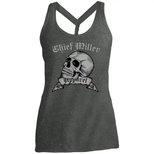 Dark gray racerback tank top with skull print and Thief Valley text, Ladies Cosmic Twist