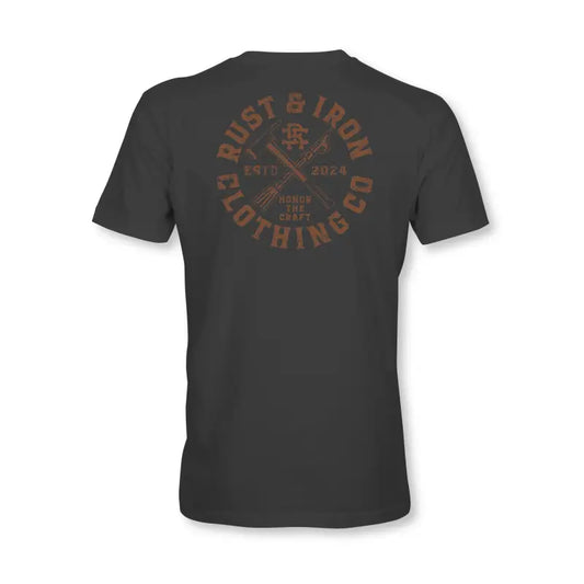 Dark gray Pulaski & Pikes Tee with brown circular text design for first responders