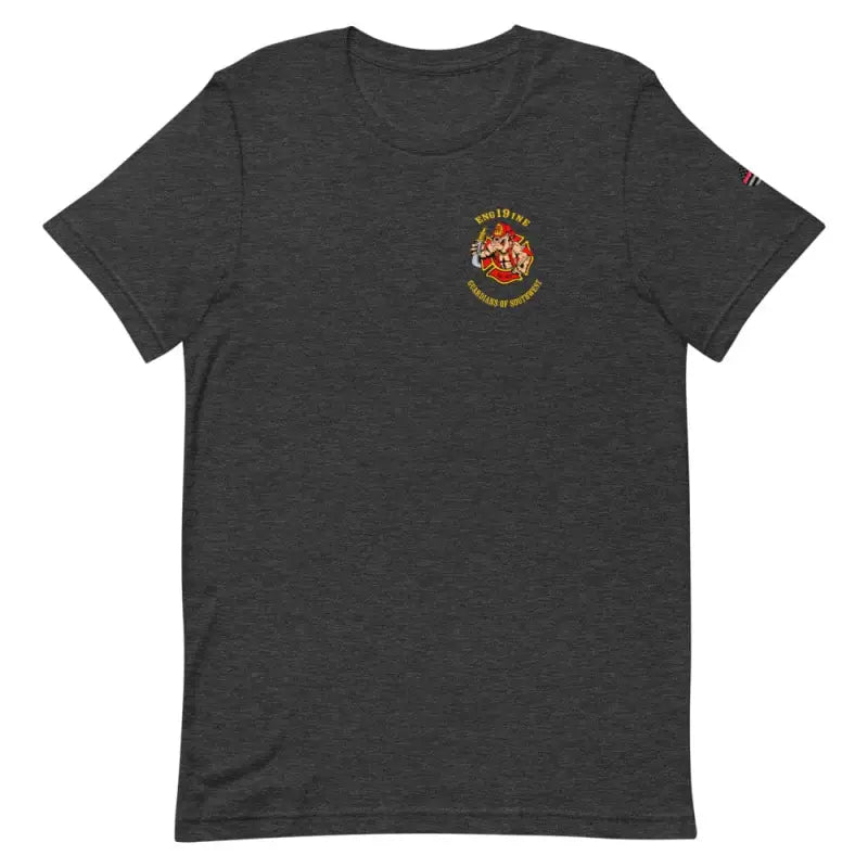 Dark Gray Heather t-shirt with circular emblem, part of Engine 19 collection