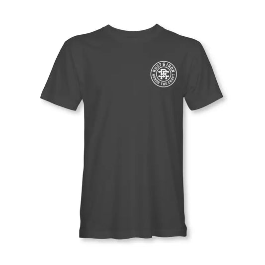 Dark gray Midnight Tee featuring a circular logo, ideal for first responders and firefighters