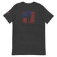 Dark grey heather t-shirt with distressed American flag design on back for Flag Firefighter