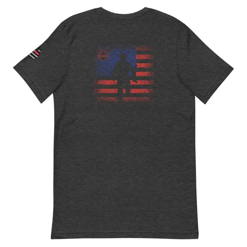 Dark grey heather t-shirt with distressed American flag design on back for Flag Firefighter