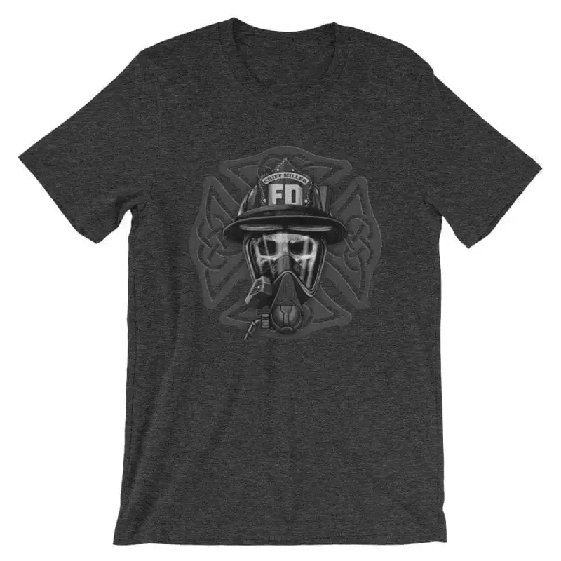 Dark gray t-shirt with Firefighter design featuring Celtic Maltese Cross and gas mask