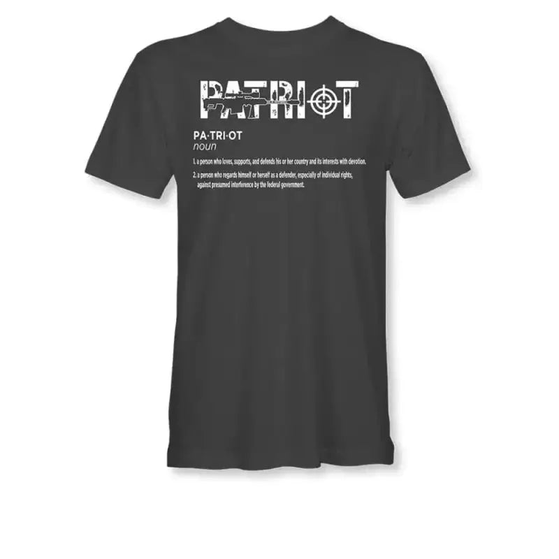 Dark gray Patriot t-shirt in 2XL with definition printed on the front, asphalt color