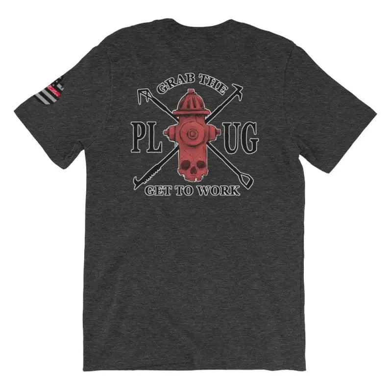 Dark grey heather t-shirt with red pig design and tools logo, Grab The Plug