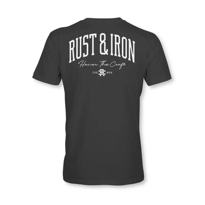 Dark gray Staple Tee featuring RUST & IRON text on the back for first responders