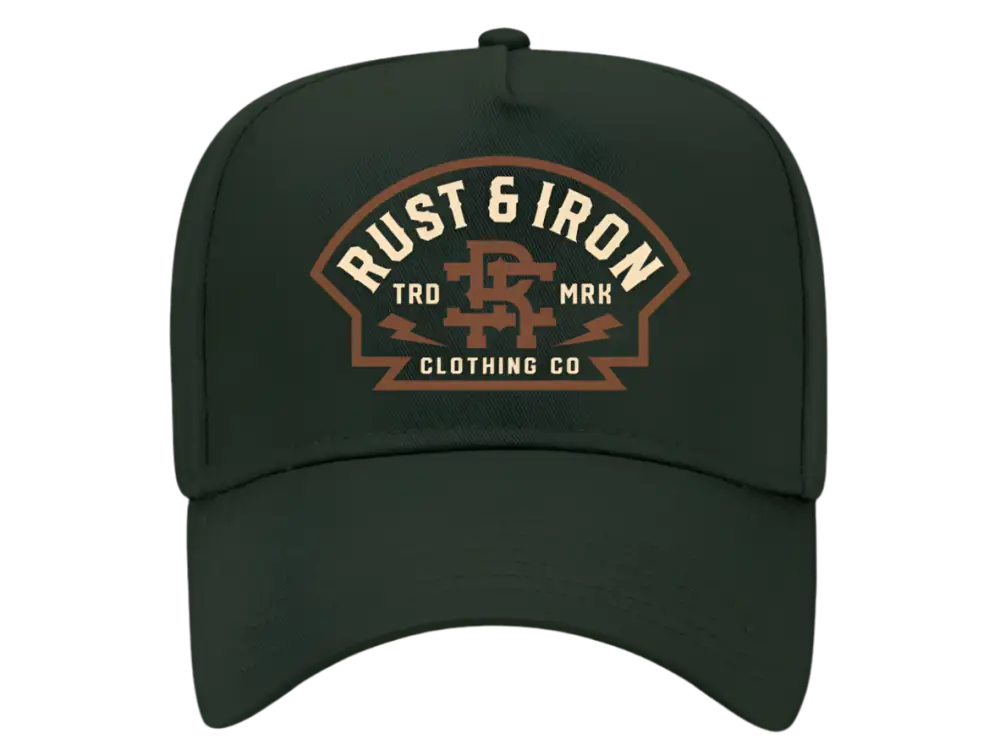 Dark green Knox Hat featuring Rust & Iron Clothing Co. logo, ideal for first responders