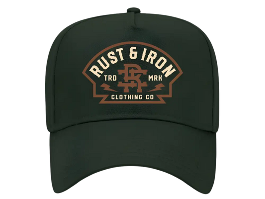 Dark green Knox Hat featuring Rust & Iron Clothing Co. logo, ideal for first responders