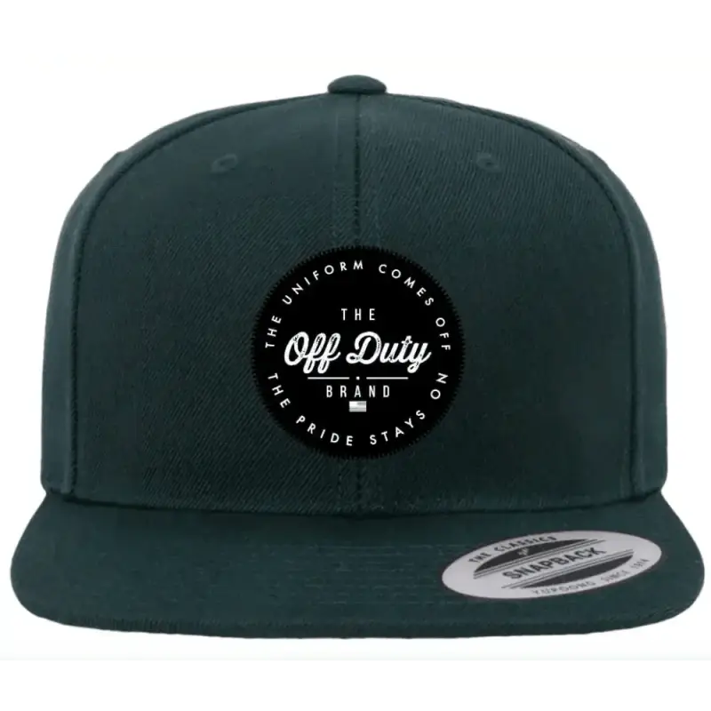 Dark green Off Duty Essential SnapBack cap with black and white logo patch